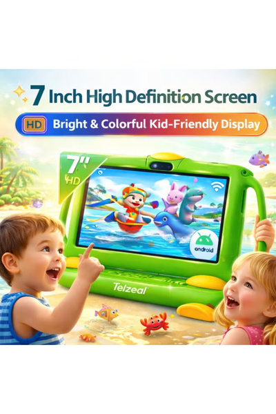 TELZEAL P600 Kids Tablet Green – 7 Inch HD Display, 6GB RAM 128GB Storage, Android 10.1, 3000mAh Battery, WiFi, Front & Rear Camera, Shockproof Protective Case