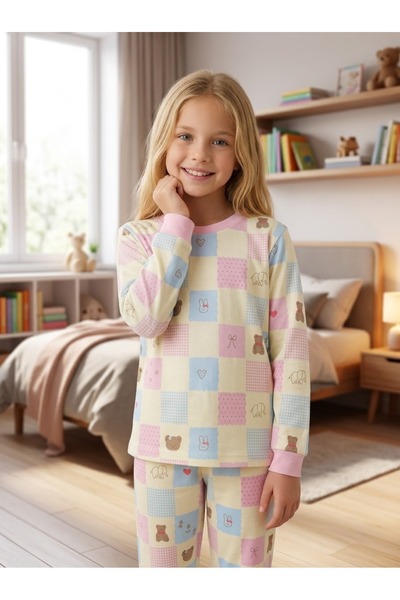 Enie Set de pijamale pentru fete, multicolor, 100% bumbac, cu decolteu tip cr...
