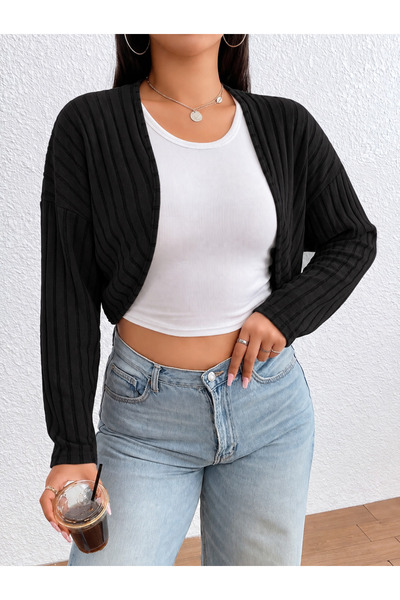 WEEST MODA Black Women's Ribbed Long Sleeve Crop Bolero Cardigan