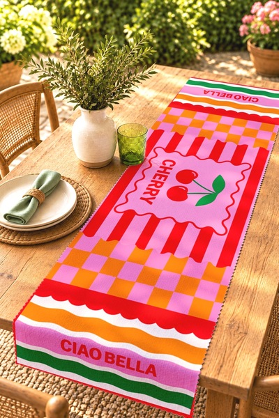 EVPANYA Pink Cherry Ciao Patterned Runner / Tablecloth / Placemat