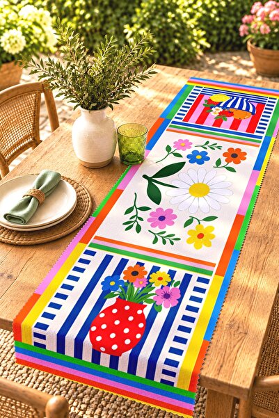 EVPANYA Red Flower Pot and Flowers Patterned Runner / Tablecloth / Placemat