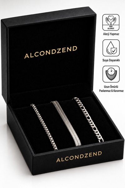 ALCONDZEND Erkek 3’lü Çelik Bileklik Set & Kararmaz Paslanmaz Çelik Kombin Se...
