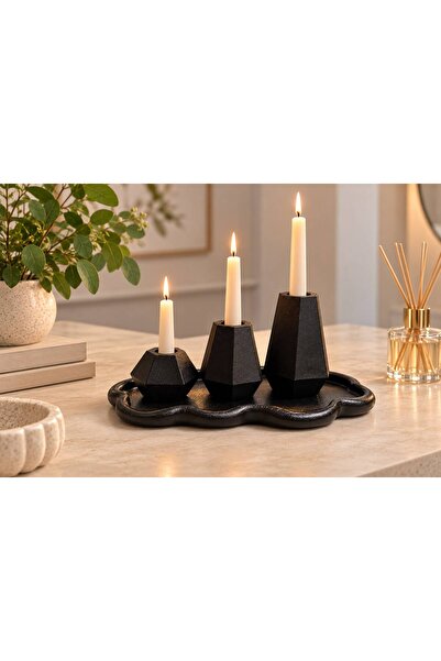 LGA COLLECTİONS 3'lü Geometrik Mumluk Seti ve Dekoratif Tepsi – Modern Minima...