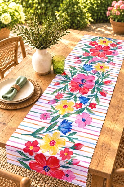 EVPANYA Pastel Drawing Flowers Patterned Runner / Tablecloth / Placemat