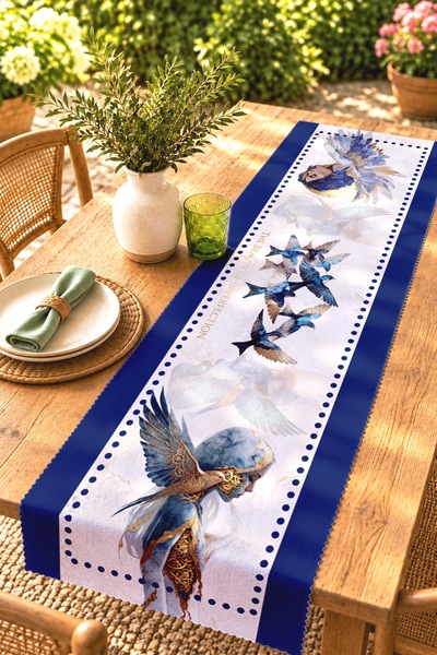 EVPANYA Indigo Girl and Birds Patterned Runner/Tablecloth/Placemat