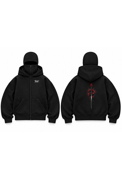 Toum Hanorac cu glugă ninja cu imprimeu Dragon Sword Balaclava cu mască de ză...