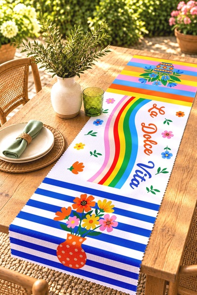EVPANYA Rainbow Flowers Patterned Runner/Tablecloth/Placemat