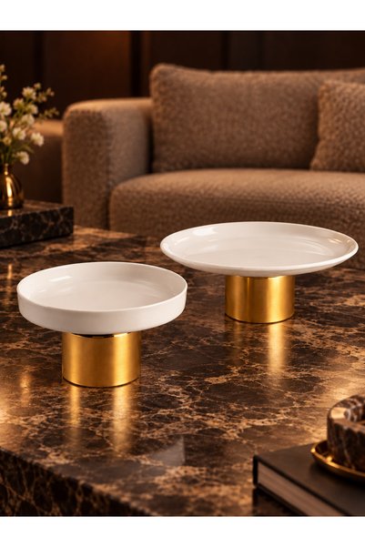 MAY HOME Lüks Porselen Sunumluk & Metal Ayaklı Tabak Kase Seti