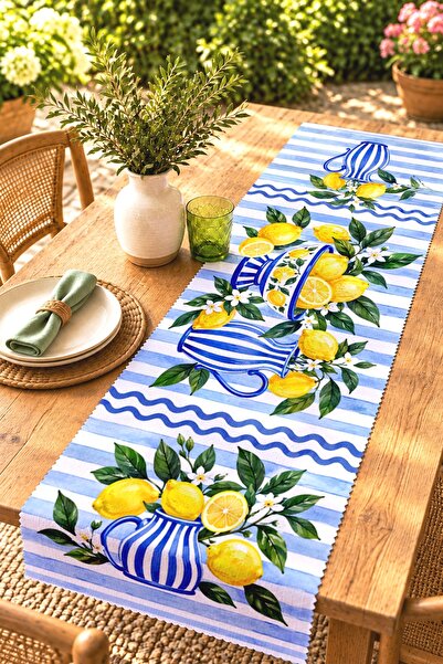 EVPANYA Blue Potted Lemons Patterned Runner / Tablecloth / Placemat