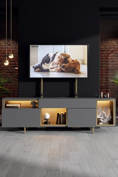 Modatte NORM TELESKOPİK YÜKSEKLİK AYARLI METAL AYAKLI TV ÜNİTESİ GOLD ANTRASİT
