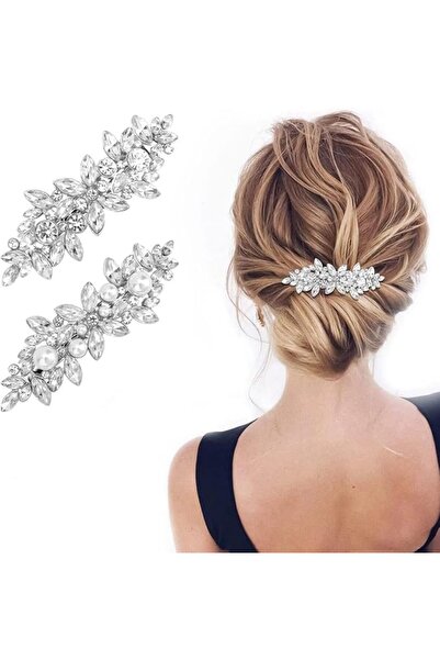 GENERAL 2pcs Crystal Hair Clips Glitter Crystal Pearl Hairclip Silver Rhinest...