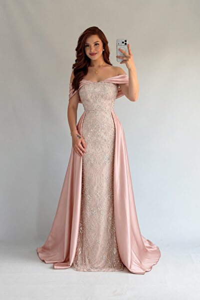 ayşenur Dinçer butik Valiente Pelerinli Abiye Pudra Pembesi