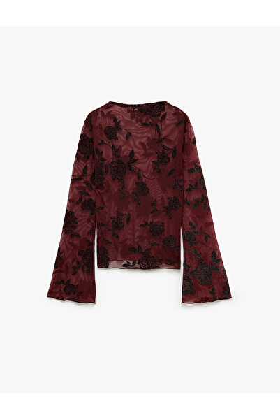 Koton Transparan Simli Tül Bluz Slim Fit Kayık Yaka Uzun Kollu Floral Dokulu