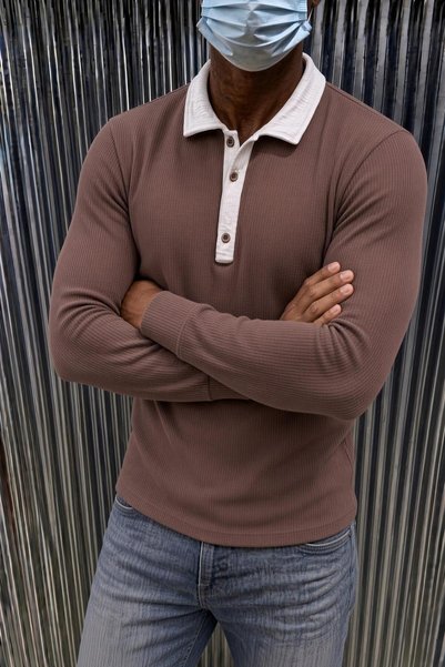 Oksit Sayz Erkek Ribanalı Polo Yaka Uzun Kollu Tişört - Kontrast Yaka Slim Fit Düğmeli Sweatshirt