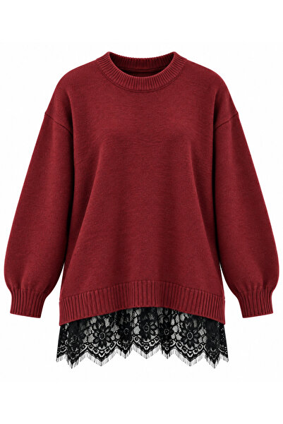 Selay Accessory Women's Burgundy Cotton Knitwear Lace Detailed Crew Neck Sweater