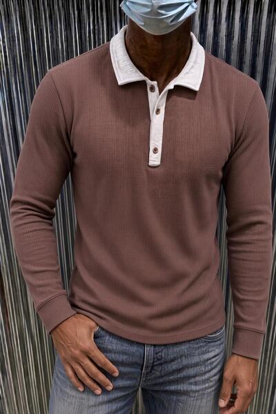 Oksit Sayz Men's Ribbed Polo Collar Long Sleeve T-Shirt - Contrast Collar Sli...