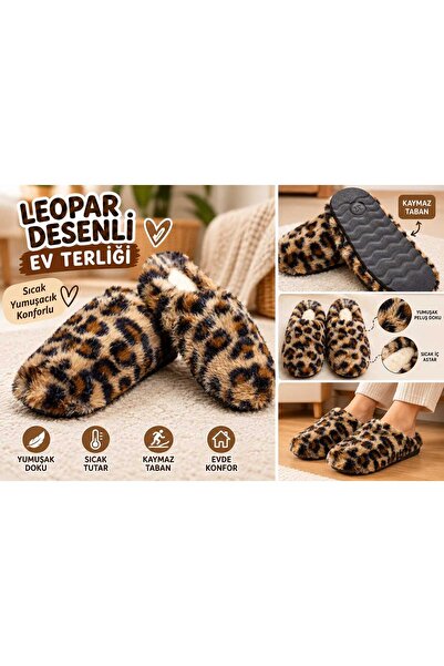 GEZER Leopard Patterned Women's Home Slippers Plush Soft Warm Sole Winter Sli...