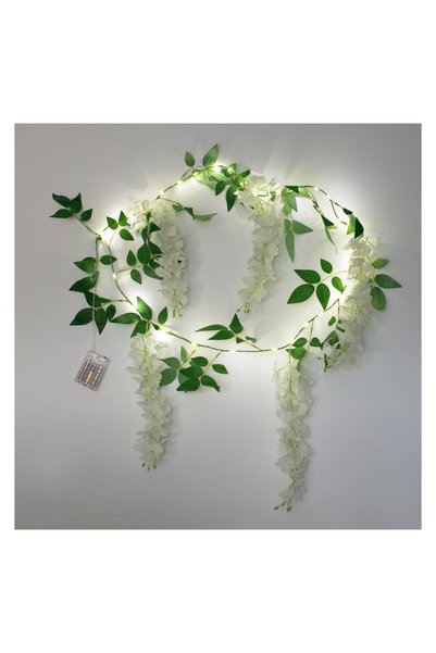 OEM Ghirlanda Decorativa cu Frunze Verzi Flori Albe si Luminite cu Baterii 1.8m