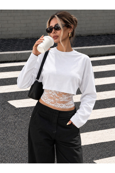 WEEST MODA Kadın 2'si 1 Arada Görünümlü Dantel Detaylı Uzun Kollu Crop Bluz Ş...