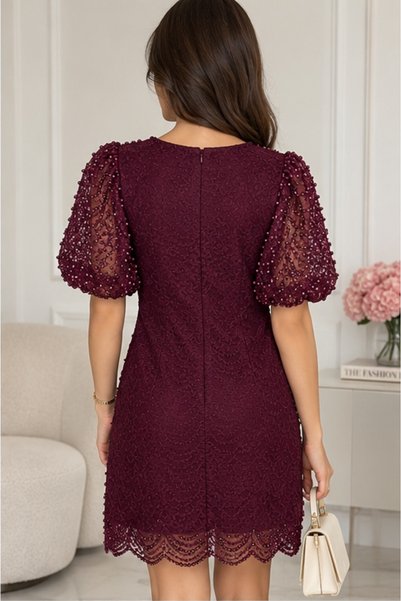 NO BRAND Rochie mini din dantelă cu aplicații și mâneci bufante – Vișiniu