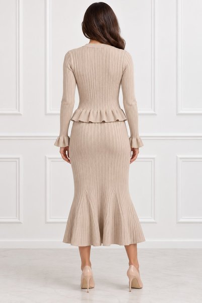 NO BRAND Set tricotat cu fustă midi și cardigan cu volane – Bej