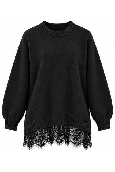 Selay Accessory Women's Burgundy Cotton Knitwear Lace Detailed Crew Neck Sweater