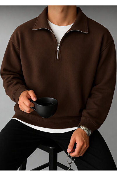 DEZZİİ Kahve Dik Yaka Düz Oversize Kazak Sweatshirt