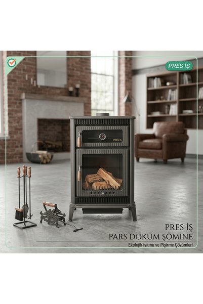 Efsoon Organics Pres İş Döküm Odun Sobası - Camlı Şömine Kuzineli - Şık Ağır ve Uzun Ömürlü