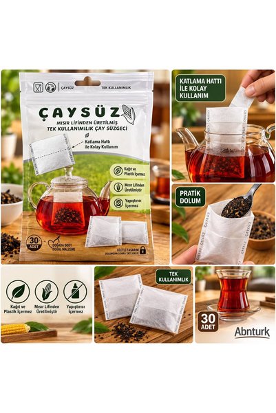 abnturk Çaysüz 30 Adet Mısır Lifinden Üretilmiş Tek Kullanımlık Çay Süzgeci –...
