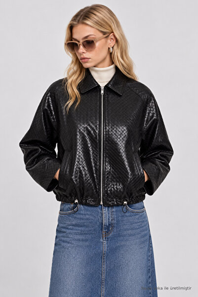 Lovelyİstanbul Jachetă din piele artificială cu model tip fagure LAZ0023 NEGRU
