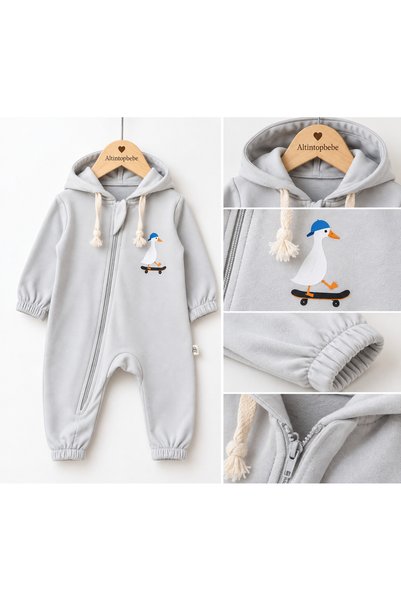 altıntop bebe Baby 100% Cotton Hooded Skateboard Duck Printed Gray Baby Romper
