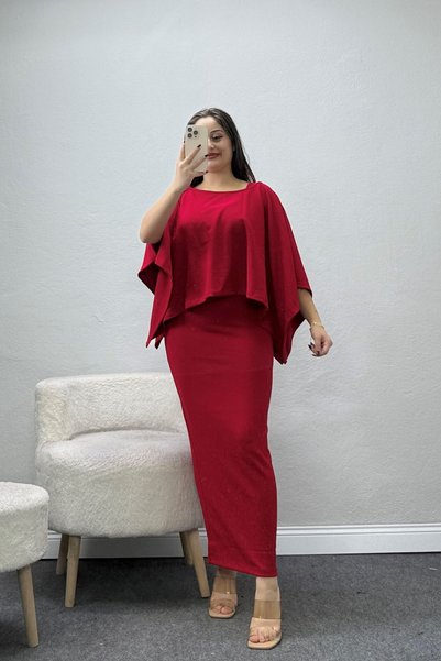 BELENDİR Women's Acrylic Blouse Dress Set Red