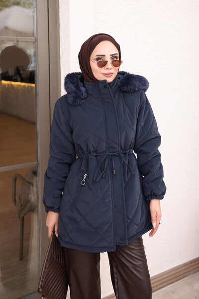 İmajButik Navy Blue Hooded Waist-Tie Nova Coat