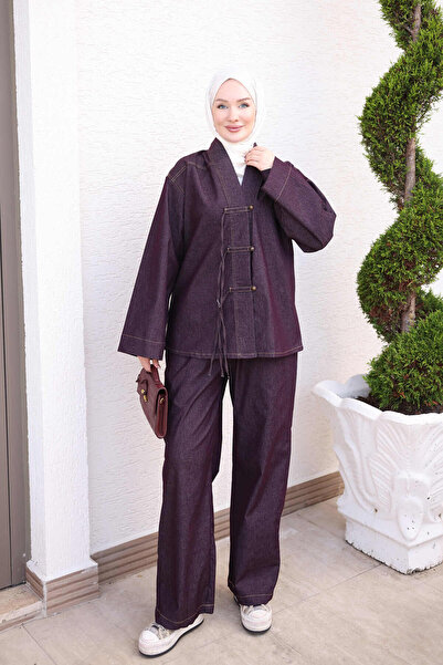 İmajButik Plum Lace Detailed Tunic and Trousers Set
