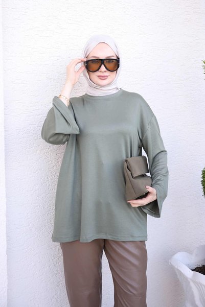 İmajButik تونيك كاكي بياقة دائرية وأكمام واسعة
