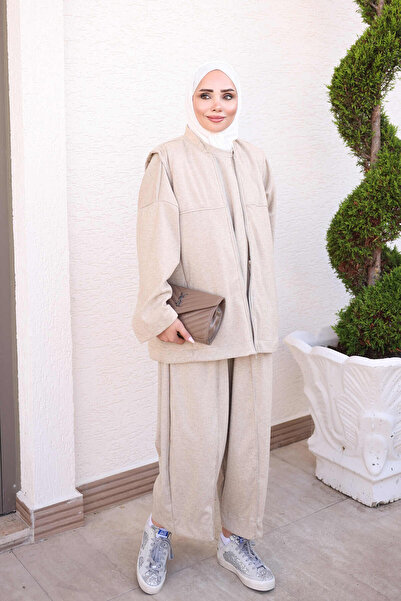 İmajButik Beige Vest, Tunic and Trousers 3-Piece Combination Set