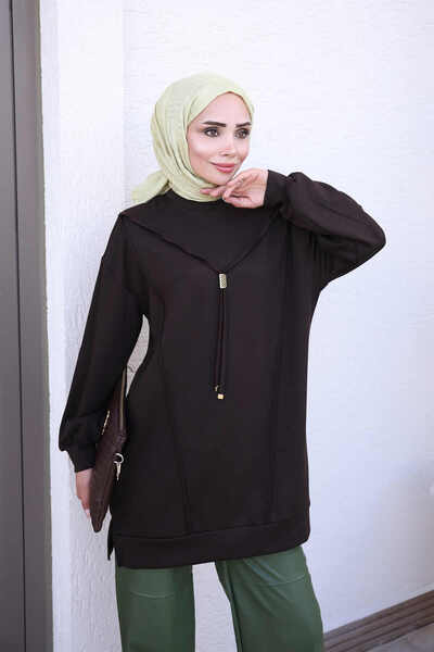 İmajButik Brown Tunic with Striped Front and Elastic Sleeves