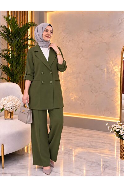 durustyle Tensel Kumaş Kruvaze Yaka Blazer Ceket Pantolon İkili Takım
