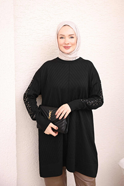 İmajButik Black Handle Stone Detailed Cold Yarn Knitwear Tunic