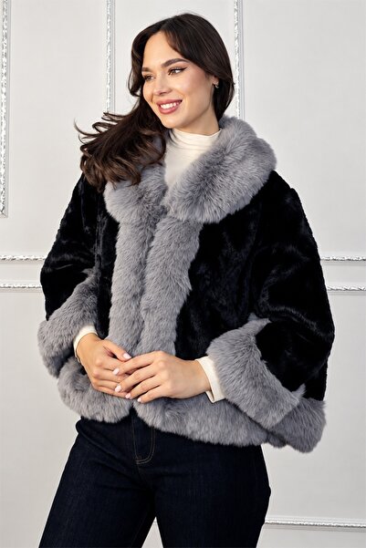 FashionForYou Jachetă scurtă de damă VELORA din blană ecologică, cu guler lar...