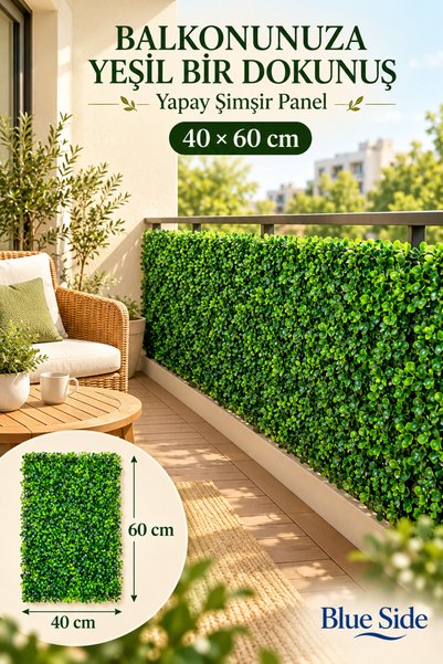 BLUE SİDE Yapay Şimşir Panel 40x60 cm – Dekoratif Yeşil Yapraklı Duvar ve Balkon Çit Kaplama