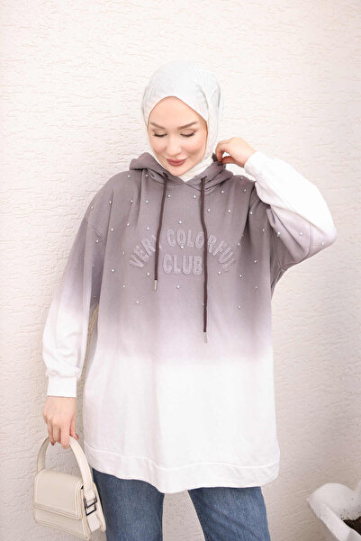 İmajButik Mink Hooded Oversize Two-Tone Sweatshirt