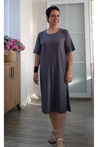 Mertcan Butik Smoked Short-Sleeved Hollow-Out Neckline Knee-Length Combed Viscose Dress
