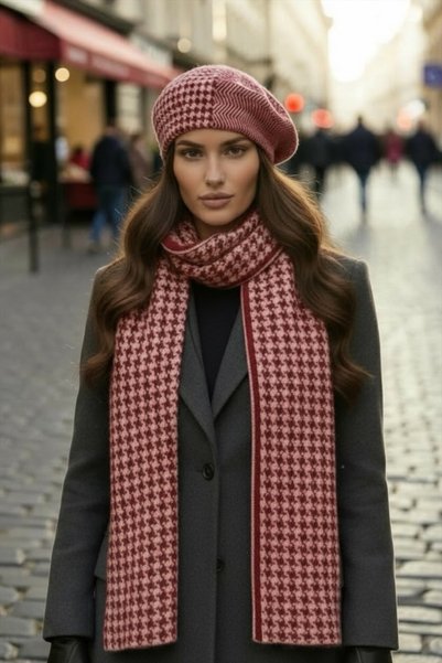 Generic Brand Women's Winter Houndstooth Patterned Scarf Painter Beret Set