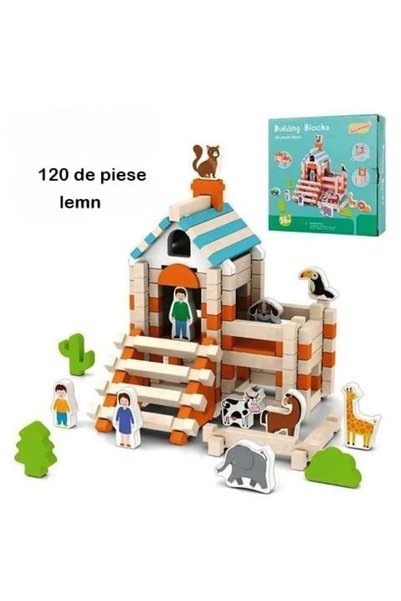 Generic Brand Set blocuri de construcție din lemn Montessori, 120 piese, 105 blocuri și 15 minifigurine din lemn
