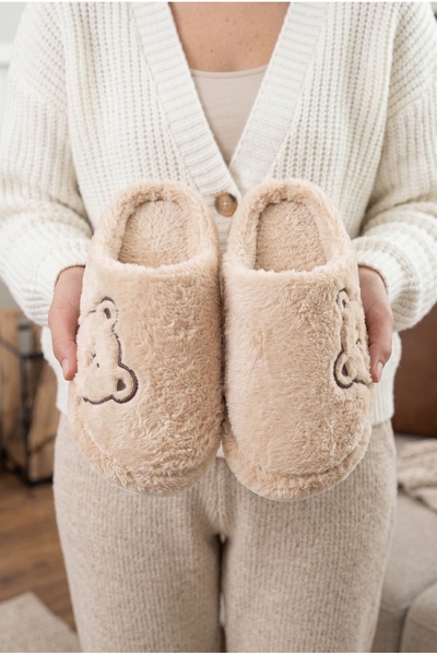 Moda Devrin Women's Beige Plush Teddy Bear Figured House Slippers Silent Thick Sole
