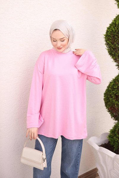 İmajButik Pink Crew Neck Wide Sleeve Tunic