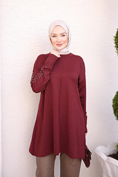 İmajButik Burgundy Sleeve Stone Detailed Cold Yarn Knitwear Tunic