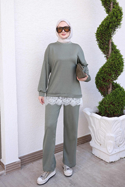 İmajButik Khaki Crew Neck Skirt Lace Tunic Trouser Set