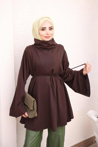 İmajButik Brown Tie-Waist High-Neck Tunic